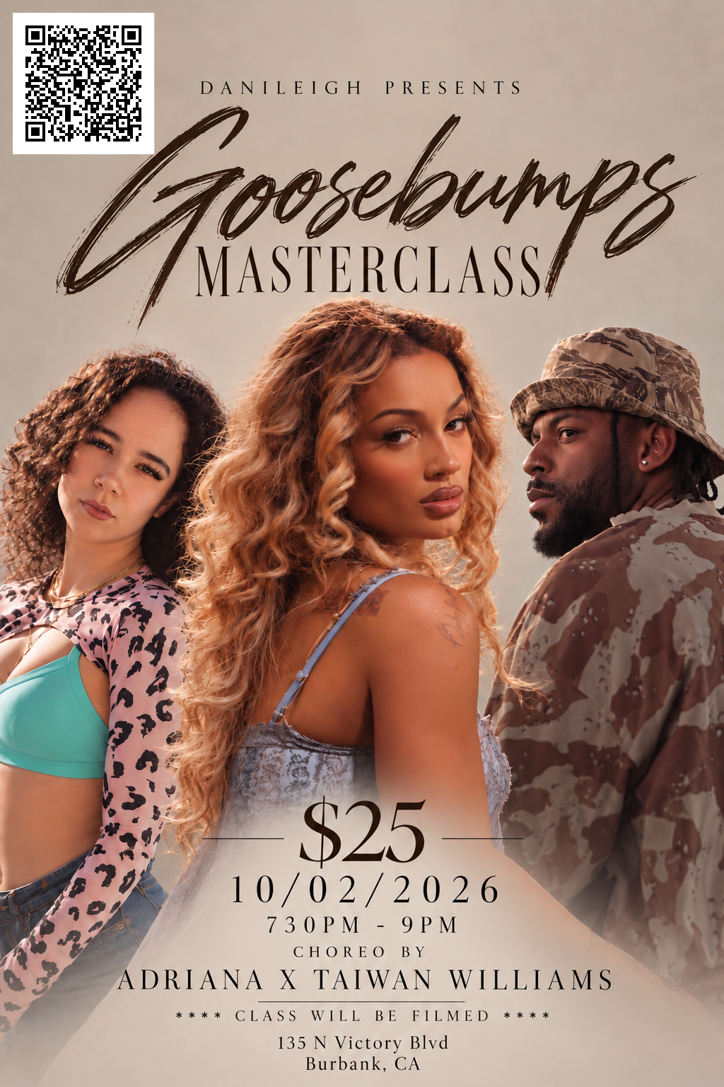 Goosebumps Masterclass flyer featuring Adriana, Danileigh, and Taiwan Williams